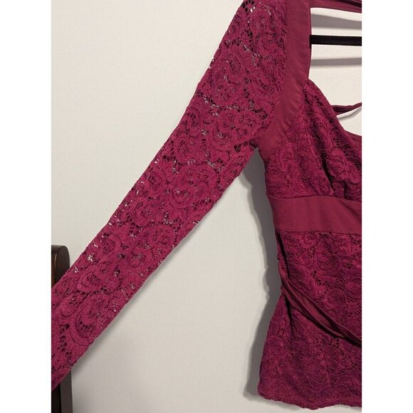 Vintage Bebe 90s Burgundy Red Lace Long Sleeve Sweetheart Top Clubwear Y2K Med - Picture 4 of 8